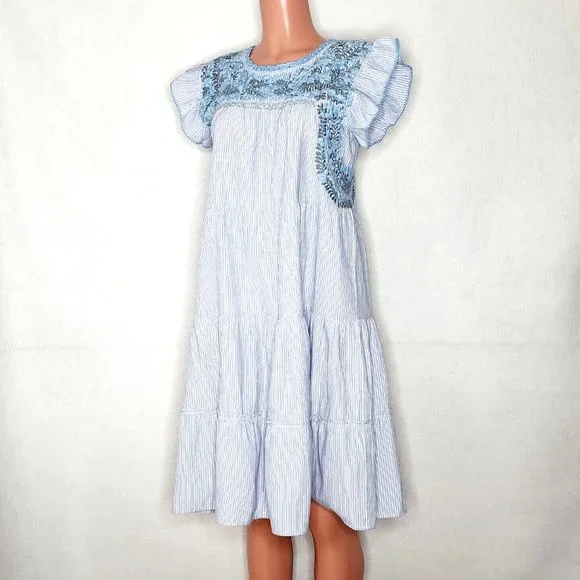 Emilia Collection Isa Dress *S/M Blue Striped Tiered with Blue Gray & Embroidery